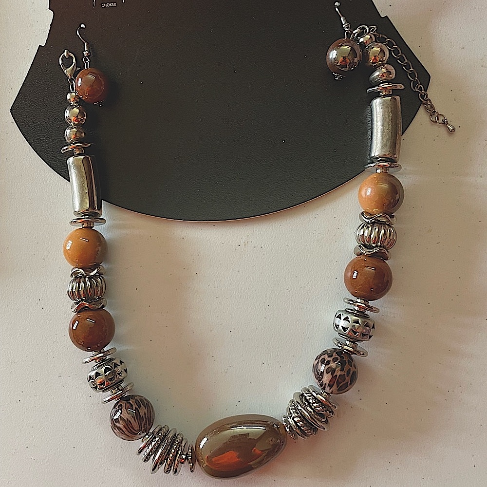 Elegant Silver and Brown Beaded Necklace and matching earrings